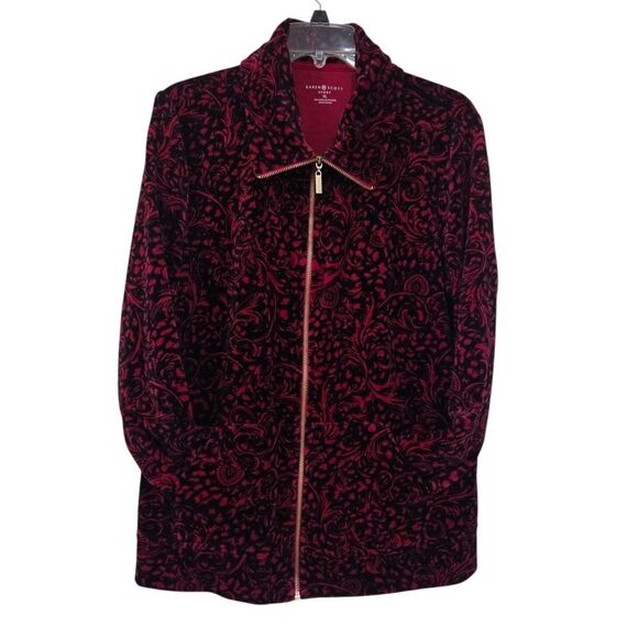 Karen Scott Sport Women Jacket XL Burgundy Velvet-Look Paisley Zip Front Pockets - Picture 9 of 13